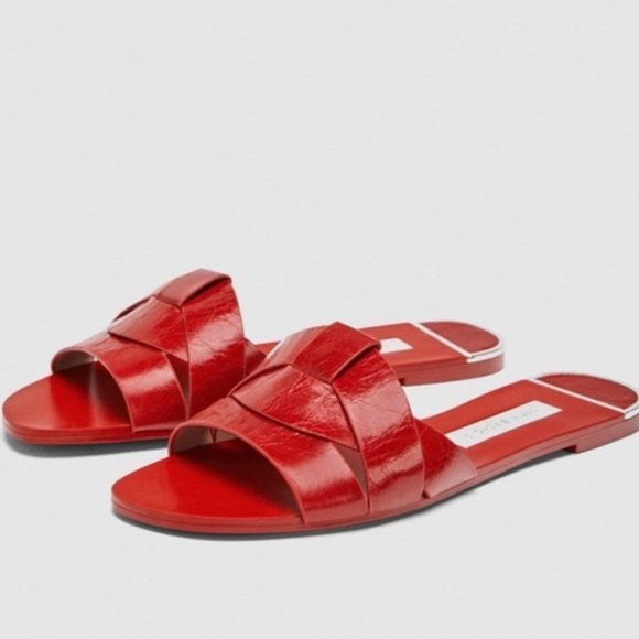 Zara Red Leather Crossover Slide Sandals Sz 38